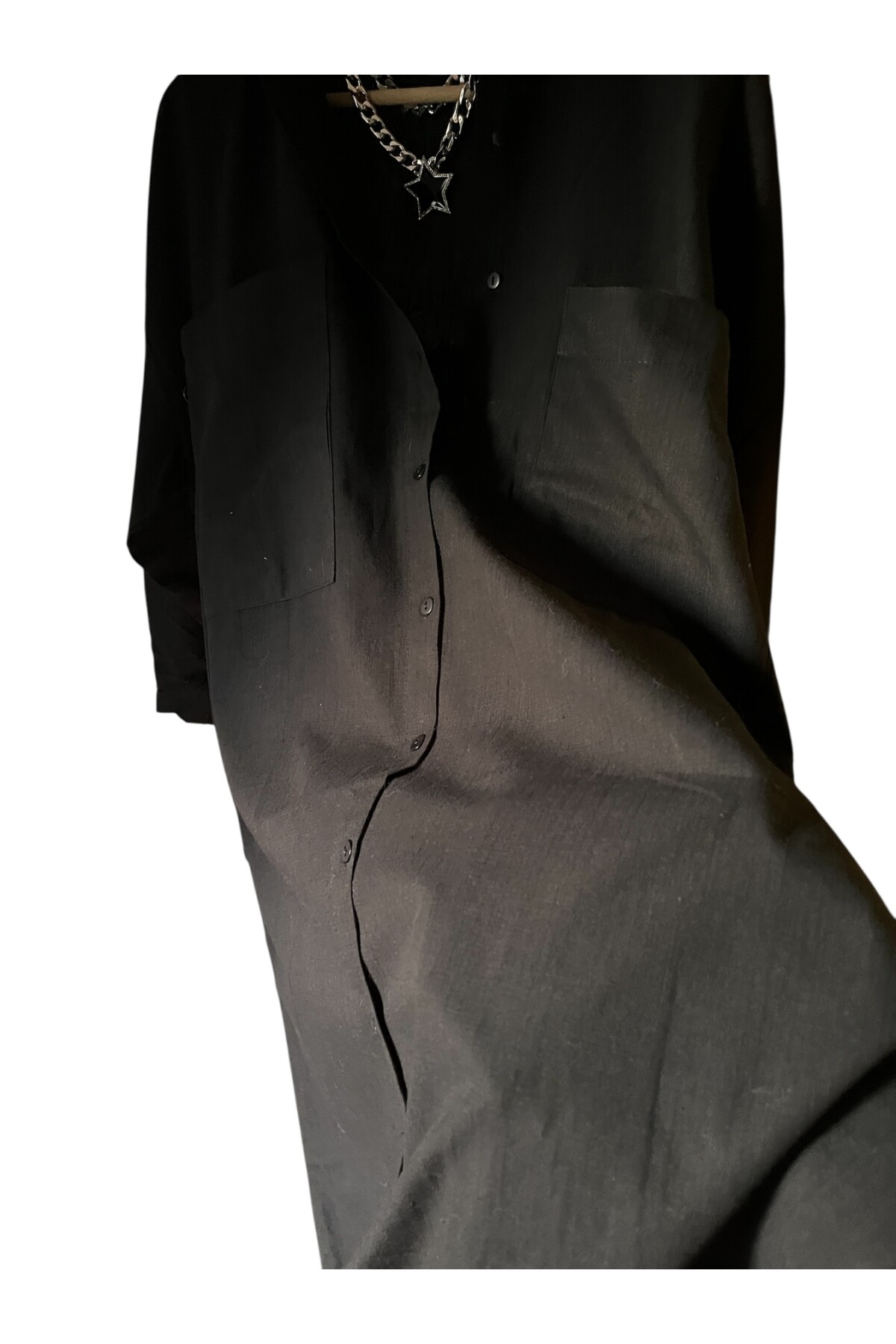 OVERSIZE KETEN SİYAH GÖMLEK ELBİSE