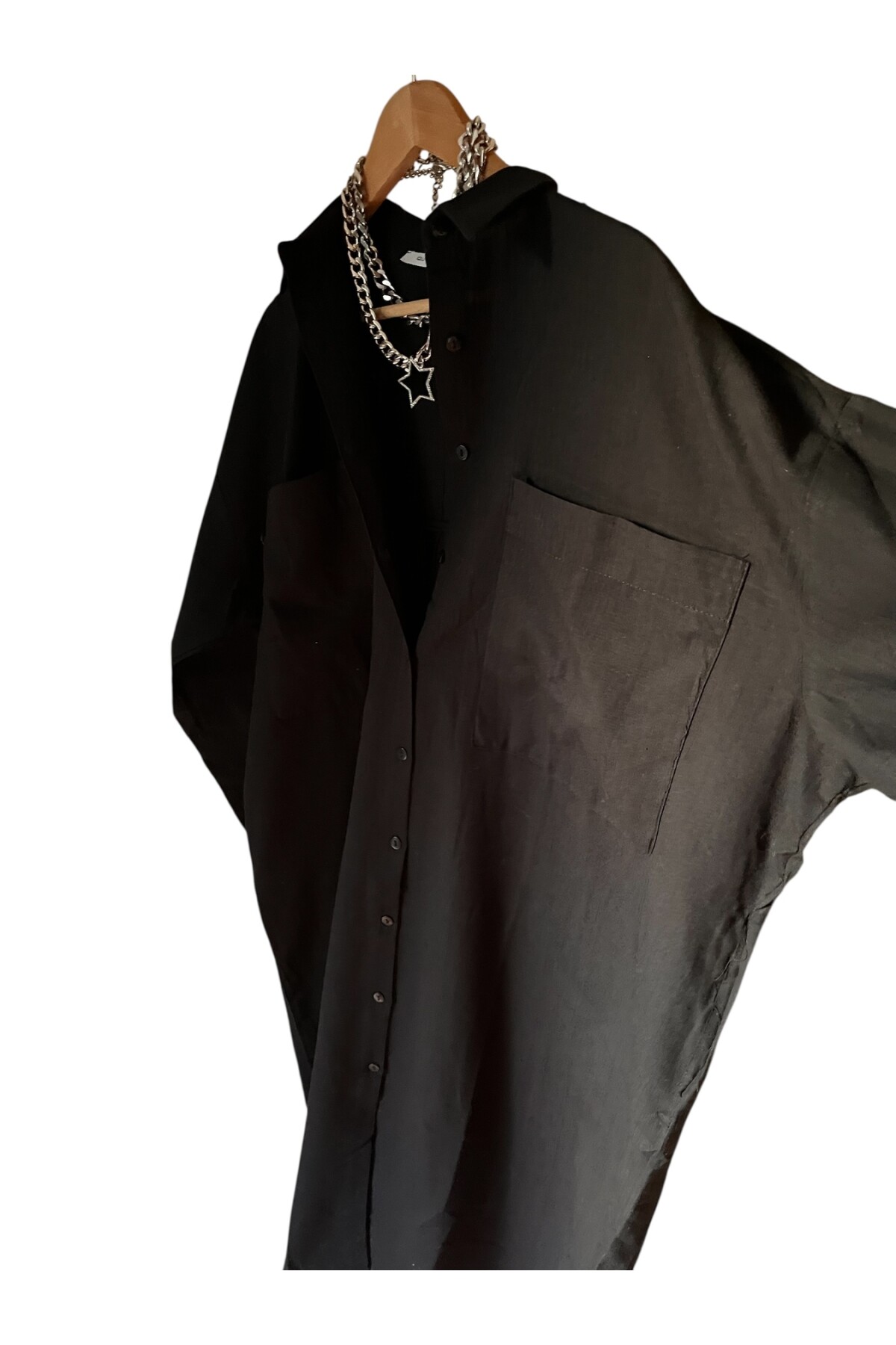 OVERSIZE KETEN SİYAH GÖMLEK ELBİSE